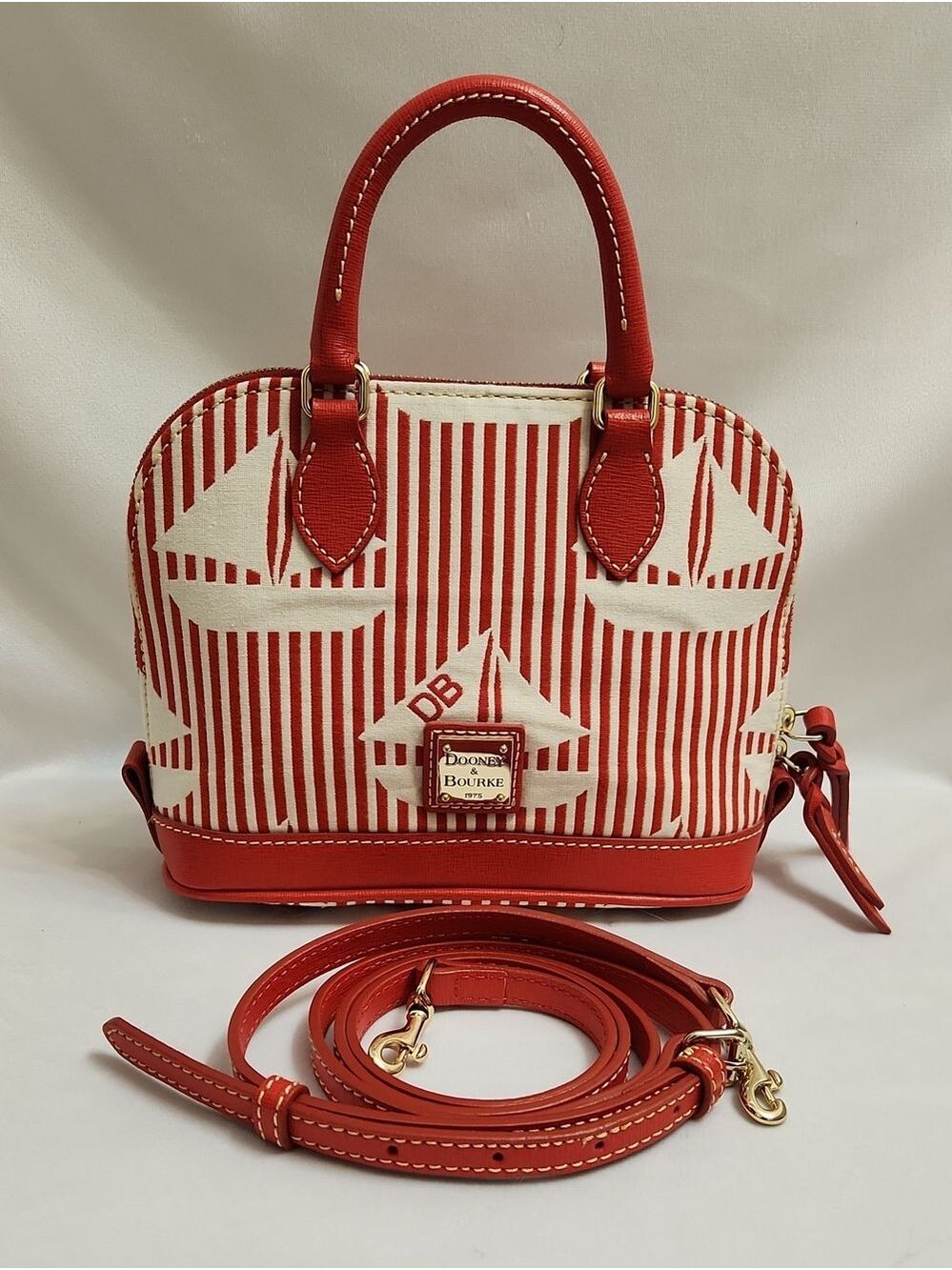 Vintage Dooney & Bourke Red White Striped Nautical Sailboat Print Dome Satchel